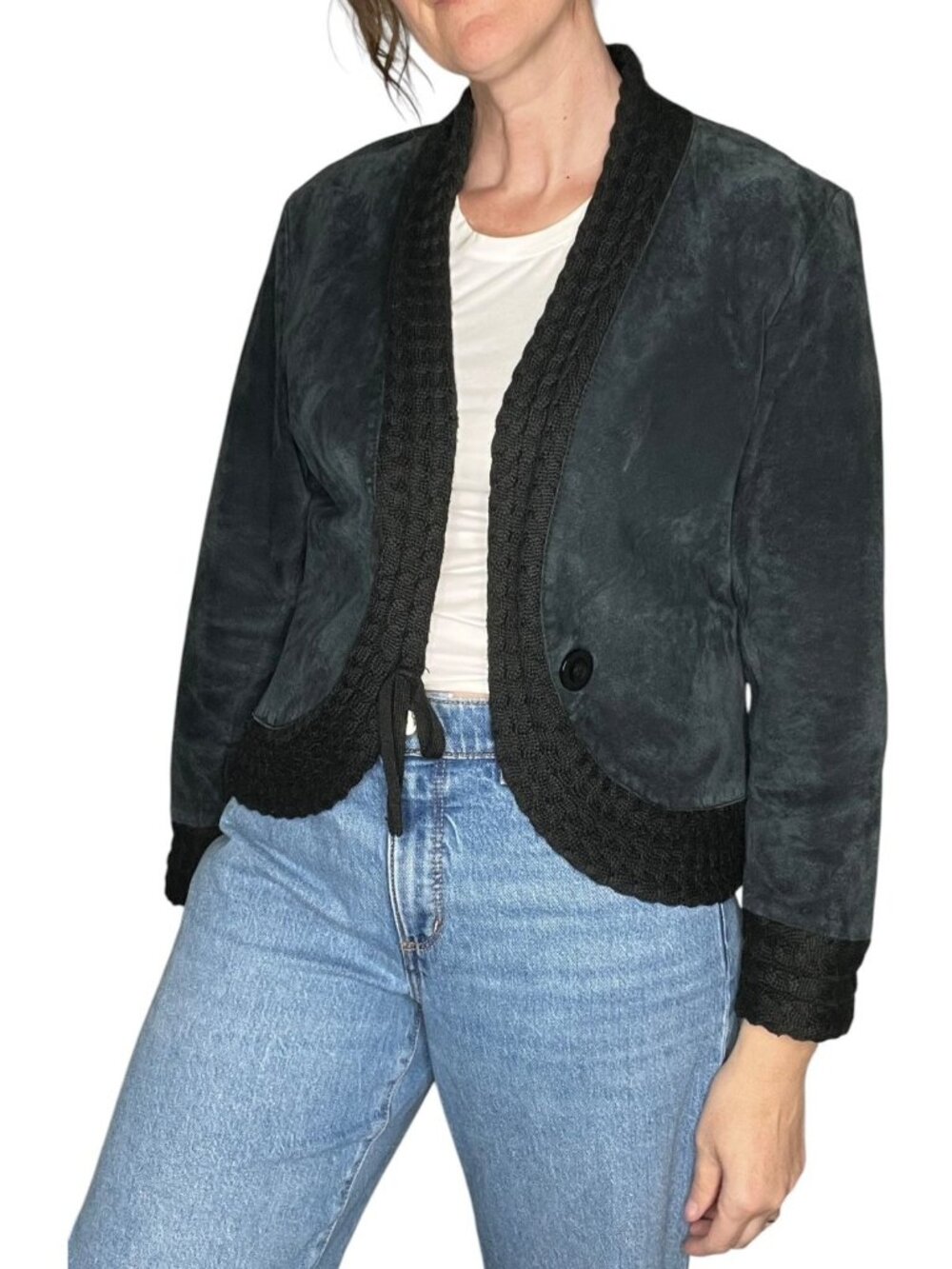 Vintage Suede Knit Trim Cropped Jacket Black Bohemian Coldwater Creek Petite LG